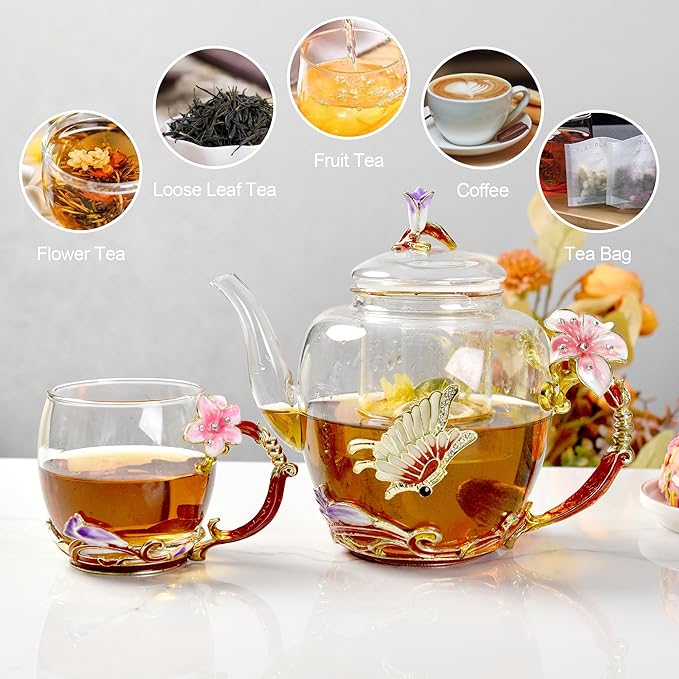 Lily Flower Enamel Glass Teapot - 46oz/1300ml, Floral Teapot With Removable Loose Tea Leaf Infuser