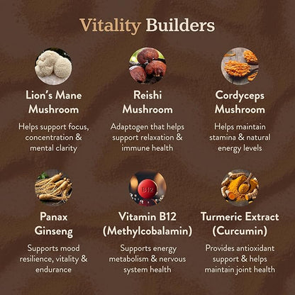 More. Longevity & Wellbeing Mushroom Coffee Superfood – 7 Functional Mushrooms with Lion’s Mane, Reishi, Chaga & Ashwagandha Extract, Instant Coffee Alternative with Prebiotics and Essential Vitamins for Focus & Energy, Salted Caramel Vanilla