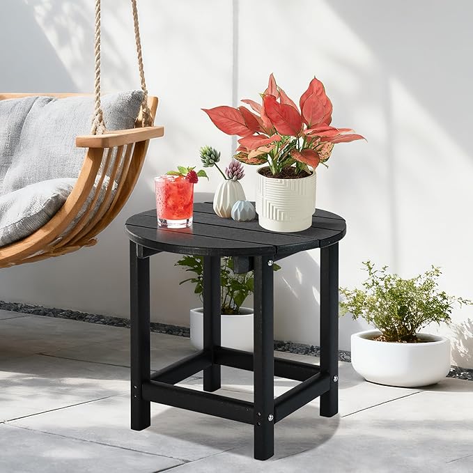 LZRS Round Adirondack Patio Side Table End Table, Outdoor Side Tables for Patio, Backyard,Pool, Indoor Companion, Easy Maintenance & Weather Resistant(Black)