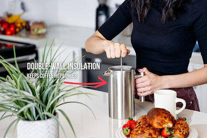 Barista Warrior French Press with Thermometer - Insulated Coffee Press - Stainless Steel Coffee Maker (1.0L, 34 fl oz, Gray)