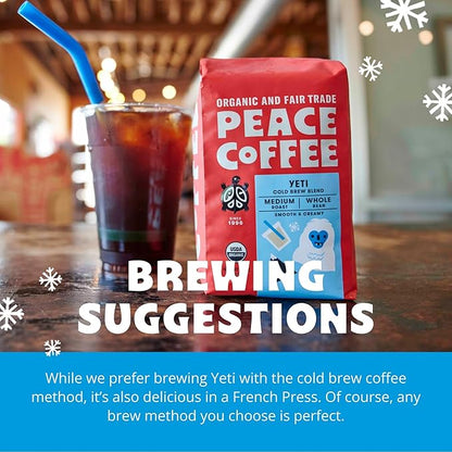Peace Coffee Yeti Cold Brew Blend | 20 oz Medium Roast Whole Bean | Organic Fair Trade | Smooth, Rich Flavor | Shade Grown, Fresh Roasted