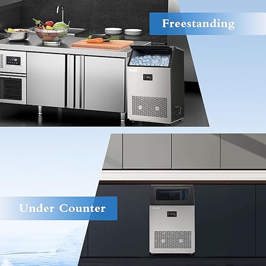 Commercial Ice Maker Machine, 130Lbs/24H with 40Lbs Large Capacity, 55Pcs Ready in 8-15Mins, Under Counter Stainless Steel Ice Machine for Home Party Bar, Self-Cleaning and Quite