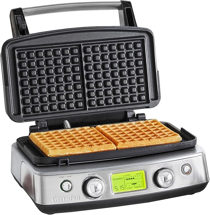 GreenPan Elite 2-Square Belgian & Classic Waffle Iron, Healthy Ceramic Nonstick Dishwasher Safe Plates, Adjustable Shade/Crunch Controls, Wont Overflow, Easy Cleanup Breakfast, Stainless Steel