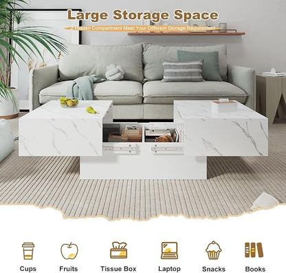 White Marble Coffee Table with Large Storage, Farmhouse Center Table for Living Room Mesas De Centro para Salas Modernas Nesting Modern Coffee Table for Reception Room