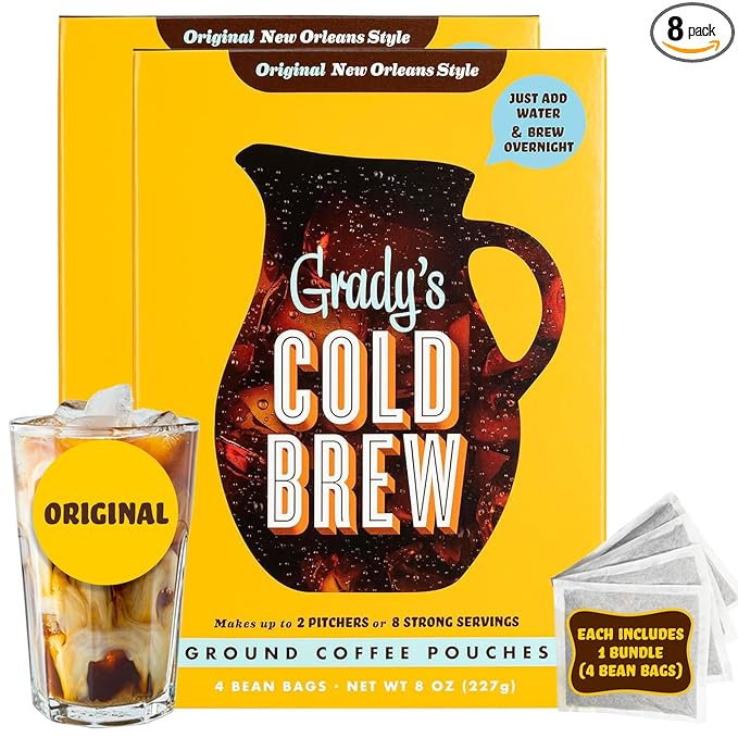 GRADY’S COLD BREW, New Orleans Style, 100% Arabica Ground Coffee & Chicory Pouches, TWO Boxes of Four Easy-to-Brew Bean Bags, Makes 24 drinks