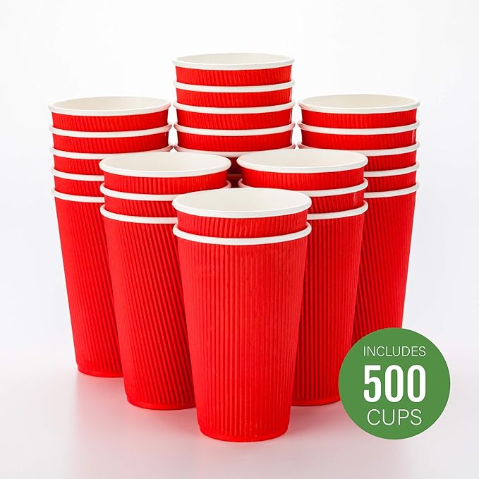 Restaurantware 16 Ounce Ripple Wall Disposable Coffee Cups, 500 Insulated Red Paper Tumblers with Rolled Rim Design, Lids Sold Separately for Hot Drinks like Tea, Hot Chocolate, and More