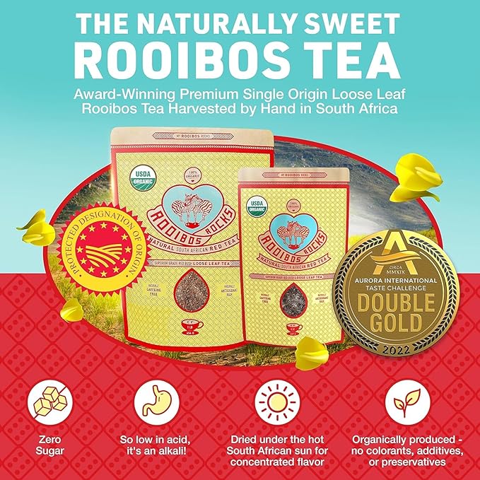 Naturally Sweet Organic Rooibos Tea - 8 oz Premium Loose Leaf Rooibos Tea – Caffeine-Free and Sugar Free Red Rooibos Tea Organic – Low-Tannin and Antioxidant-Rich Rooibos Tea Loose Leaf