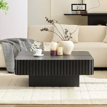 KEVINSPACE Square Wood Coffee Table, Fluted CoffeeTable Handcraft Drum TeaTable CenterTable for Living Room, Modern Wooden CocktailTable for Small Space, Easy Assembly 35.43" 15.75" H Black