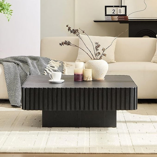 KEVINSPACE Square Wood Coffee Table, Fluted CoffeeTable Handcraft Drum TeaTable CenterTable for Living Room, Modern Wooden CocktailTable for Small Space, Easy Assembly 35.43" 15.75" H Black