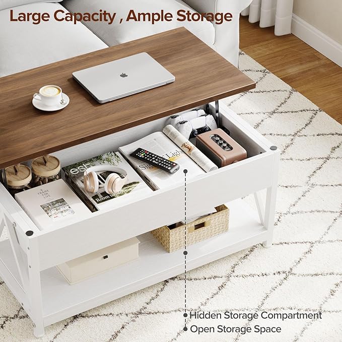 Lift Top Coffee Table,Lift Coffee Table with Storage Shelf and Large Hidden Compartment for Living Room,Lifting top Coffee Tables for Small Space,White + Walnut