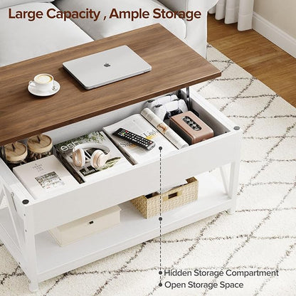 Lift Top Coffee Table,Lift Coffee Table with Storage Shelf and Large Hidden Compartment for Living Room,Lifting top Coffee Tables for Small Space,White + Walnut