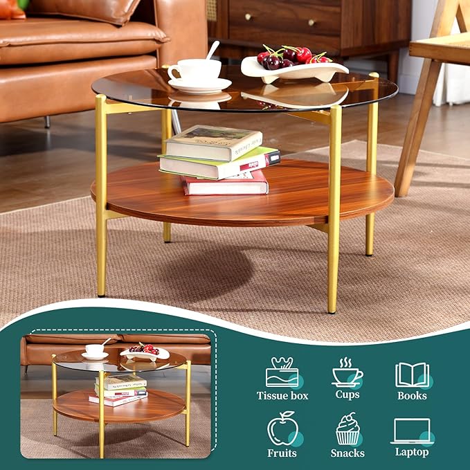 Round Glass Coffee Tables, Mid Century Center Table with Brown Glass Top, Solid Brown Storage Shelf and Sturable Gold Legs for Small Space, Office, Department, Living Room