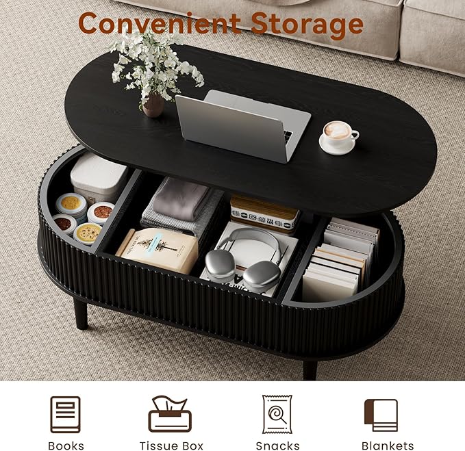 BREEZEHEAT Fluted Lift Top Coffee Table, 39" Black Modern Oval Coffee Table with Storage, Hidden Compartment & Fully Assembled Centre Table, Lift Tabletop for Living Room, Home Office, Small Space