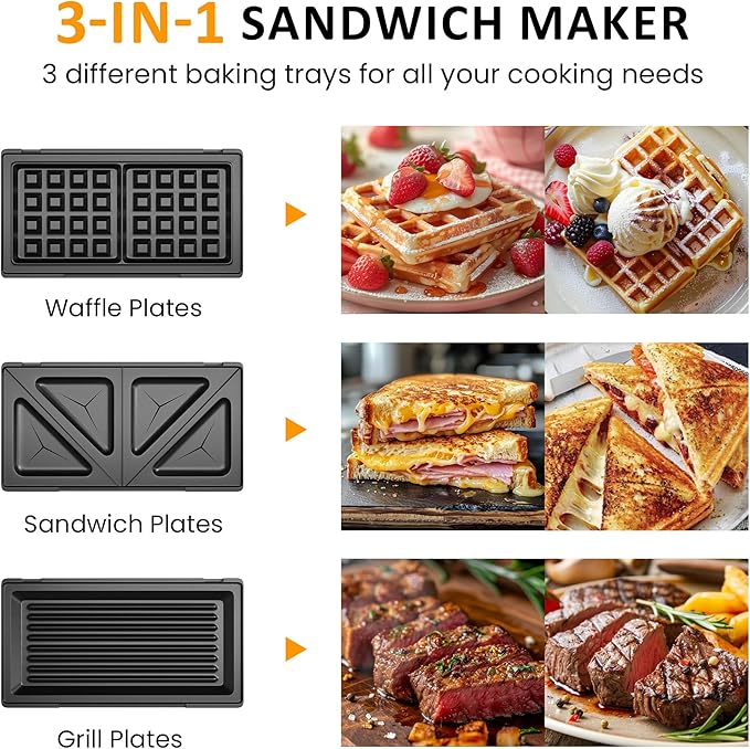 Sunvivi Sandwich Maker Panini Press: Waffle Maker with Removable Plates, 3 in 1 Sandwich Maker Press with Non-Stick Plates, Indicator Lights & Cool Touch Handle, 750W, Black