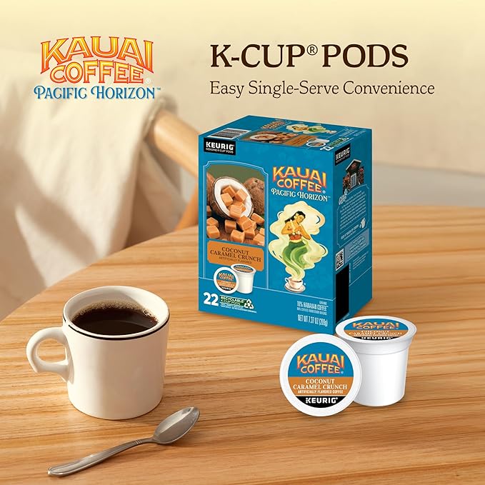 Kauai Coffee K-Cup Pods for Keurig Brewers – Arabica Coffee, 10% Hawaiian – Medium Roast, Nutty Caramel with Tropical Coconut – Coconut Caramel Crunch, 1 Pack of 22 Single Serve K-Cups