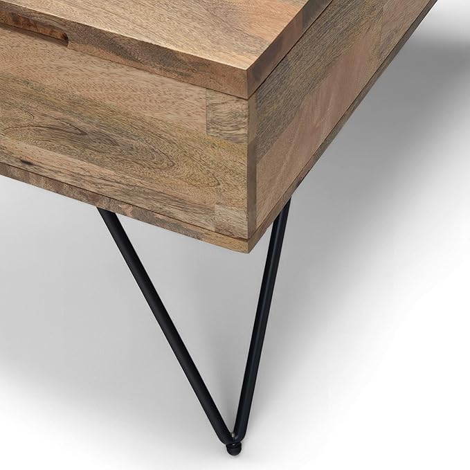 SIMPLIHOME Hunter Lift Top Coffee Table - 32 inch Wide Solid Mango Wood and Metal Industrial Square Cocktail Table in Natural, Living Room Table with Dual Lift Tops, Hidden Storage and Hairpin Legs