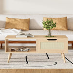 Load image into Gallery viewer, Oak Rattan Coffee Table, Mid Century Modern with Drawer &amp; Shelf, 39'' Wooden Boho Coffee Table for Living Room