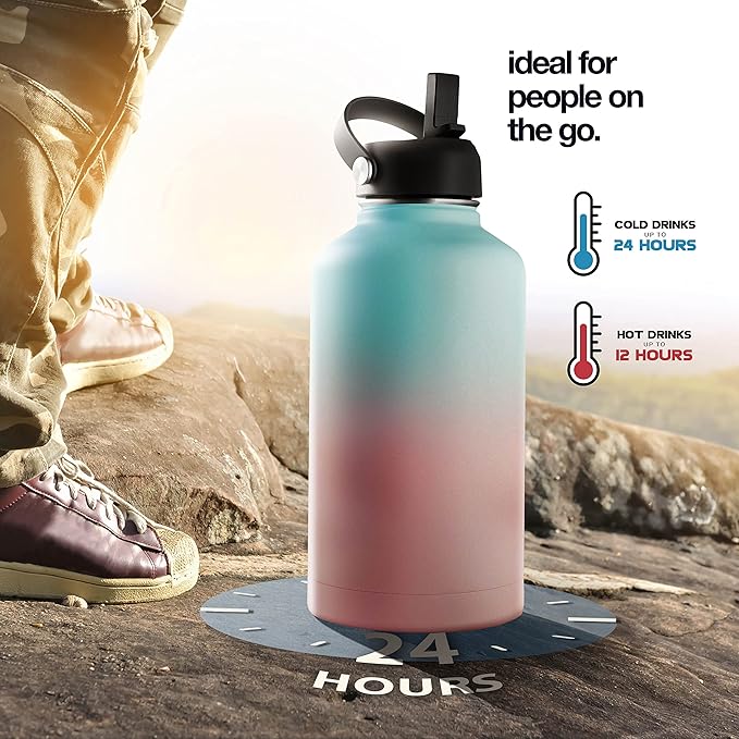 Stainless Steel Insulated Water Bottle and Travel Mug for Hot and Cold Beverages, Wide Mouth, Double Wall Insulated Hydration Sports Water Bottle for Hiking, Biking, Outdoor, 64 OZ BPA Free