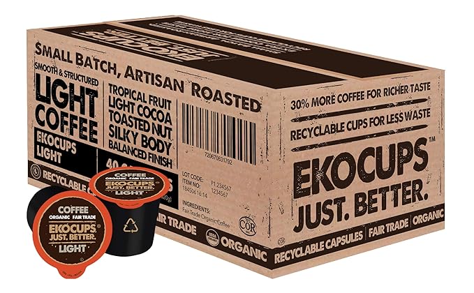 EKOCUPS Organic Coffee Pods, Light Roast Single Serve Coffee for Keurig K Cups Machines, Fair Trade in Recyclable Pods, 40 Count