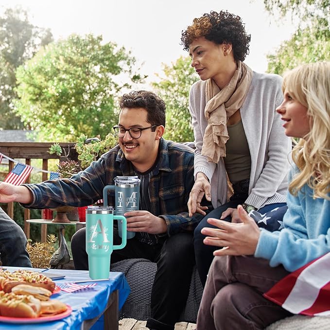 Personalized 40 Oz Tumbler with Handle, Made in USA Custom Tumbler With Name - Lid and Straw, Stainless Steel Coffee Tumbler Travel Coffee Mug Cup, Personalized Gift for Women Men Birthday