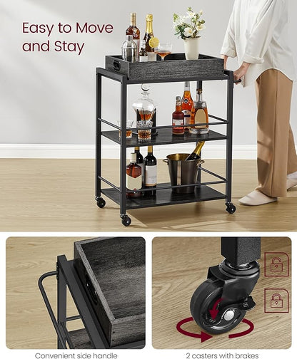 VASAGLE Kitchen Serving Cart with Removable Tray, 3-Tier Kitchen Utility Cart on Wheels with Storage, with Brakes, Leveling Feet, 15.7 x 28.3 x 33.9 Inches, Charcoal Gray and Black ULRC072B04
