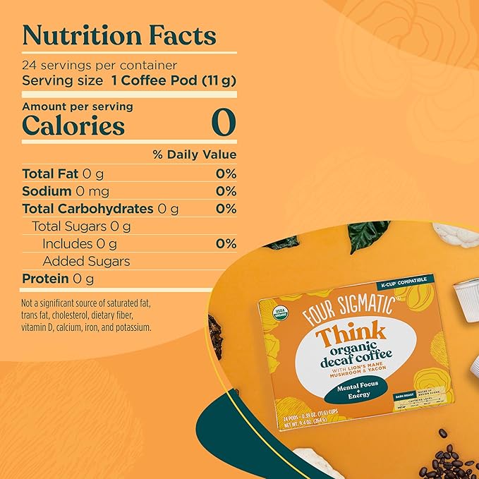 Four Sigmatic Decaf Mushroom Coffee K-Cups | Organic Dark Roast Coffee with Lion’s Mane & Yacon | Focus & Immune Support | Vegan & Keto | Sustainable Pods | 24 Count