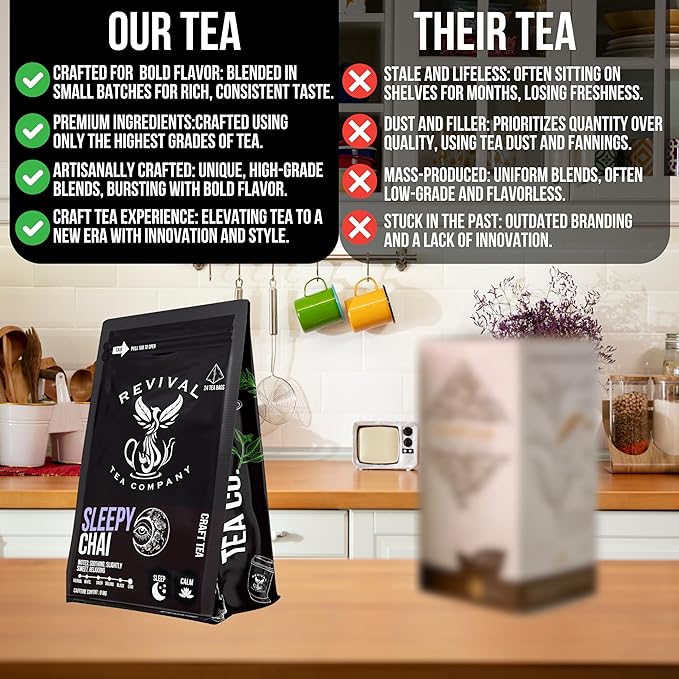 Revival Tea Company Sleepy Chai Tea - Rooibos Chai Tea Red Tea Blend with Valerian Root and Fresh Spiced Chai Flavor - Caffeine Free - 24 Tea Bags