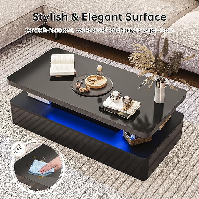 oneinmil Modern LED Coffee Table, 40" Living Room Tables with 16 Colors LED Lights, Double-Layer Design, Stylish Coffee Tables for Living Room, Black
