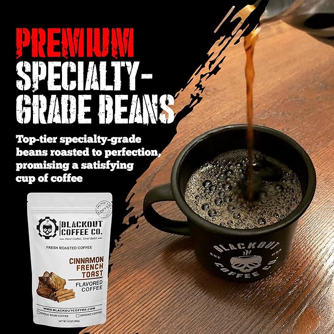 Blackout Coffee Cinnamon French Toast Flavored Ground Coffee – Medium Roast, Smooth Taste, Guilt-Free Indulgence – Freshly Roasted 12oz Pouch