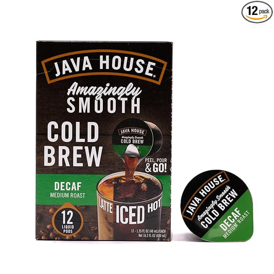 Java House Single-Serve Cold Brew Coffee Pods – Premium 100% Arabica Liquid Concentrate – Smooth & Bold Decaf Roast – 12 Pods – Ready Hot or Iced, Travel-Friendly, TSA Approved