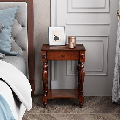 Solid Wood Retangle End Table with Drawer and Storage Shelf, 28"H Traditional Vintage Side Table Polished Edging Sofa Table Bedside Nightstand for Living Room Bedroom Home, Cherry Walnut GBJ-1533-WD