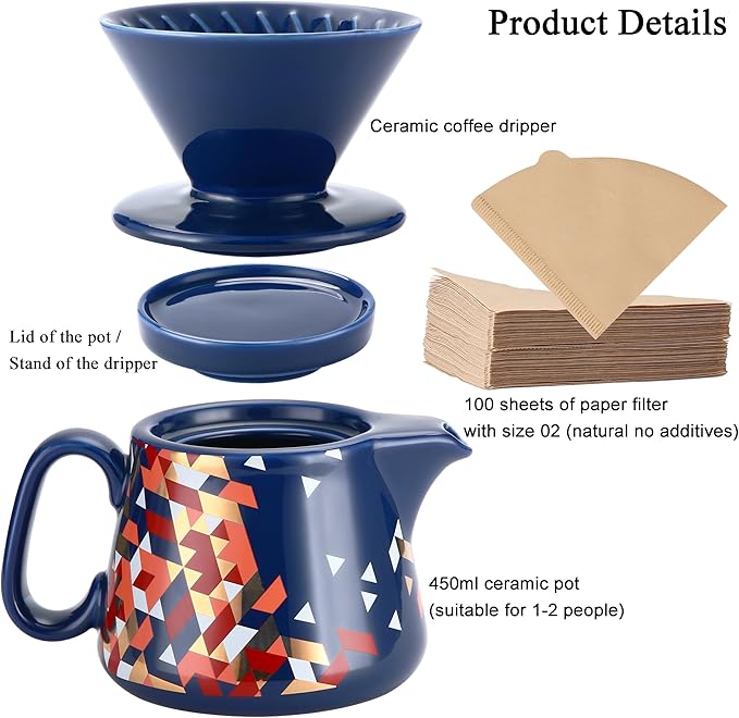 Pour Over Coffee Maker, Ceramic Coffee dripper with 100 pcs V60 Paper Filter, Ceramic coffee Server with Lid, 15.5oz/450 ml, Suitable for 1-2 people (Blue)