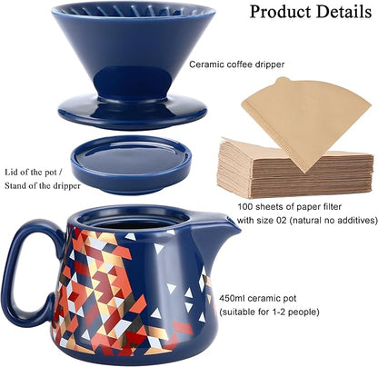 Pour Over Coffee Maker, Ceramic Coffee dripper with 100 pcs V60 Paper Filter, Ceramic coffee Server with Lid, 15.5oz/450 ml, Suitable for 1-2 people (Blue)