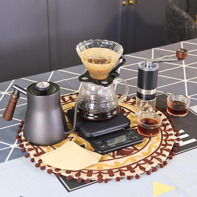 SOTECH Pour Over Manual Coffee Maker Set 2 Cup Coffee Dripper with Wooden Suitcase Coffee Kettle Scale Bean Grinder All In 1 Traveling Camping Hiking