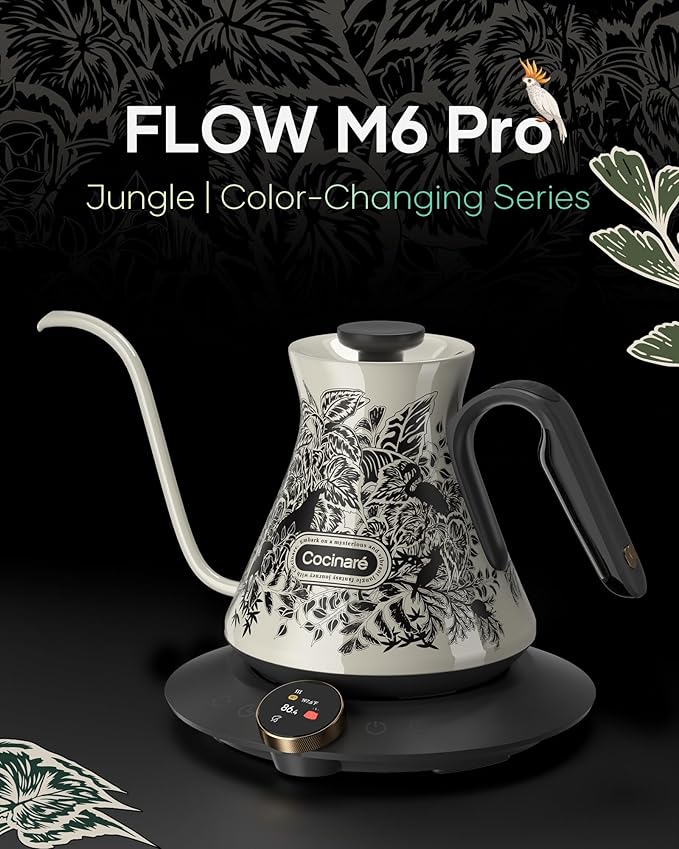 Cocinare FLOW M6 Pro Electric Gooseneck Kettle with Color-Changing Design, ±0.5℉ Temperature Control for Pour-over Coffee & Tea, Stainless Steel Interior, Quick Heating for Boiling Water (Jungle)