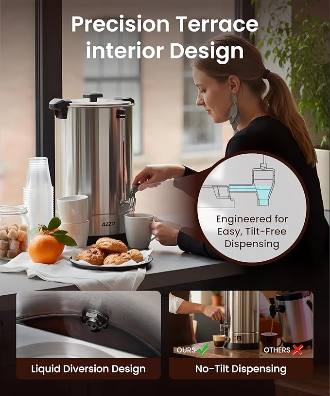 Commercial Coffee Maker 110-Cup Large Percolator Coffee Pot Electric Dispenser, Double Wall Stainless Steel Hot Water Urn for Quick Brew with No-Drip, 16L Cup Scale for Catering Events