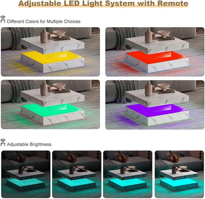 White Marble LED Coffee Table for Living Room, Living Room Table 2-Tier Square Middle Center Table, Modern Coffee Tables with Storage, Contemporary Wood Tea Tables for Dining Reception