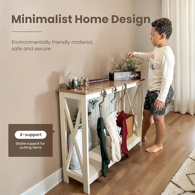 PHI VILLA White Entryway Table, Farmhouse Console Table Narrow Sofa Table Hallway, Ivory Skinny Entry Table