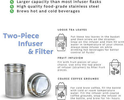 London Sip 25 oz Multi-Function Travel Mug and Tumbler Tea Infuser Water Bottle Fruit Infuser Flask Hot and Cold Double Wall Stainless Steel Coffee Thermos, Zen Black
