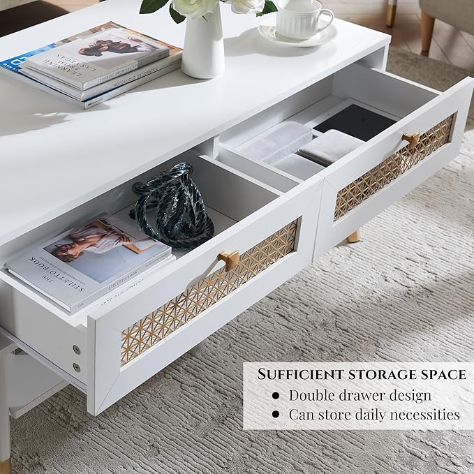 White Coffee Table with Storage Drawers & Open Shelf, Mid Century & Boho Living Room Table with Gold Metal Designed for Home
