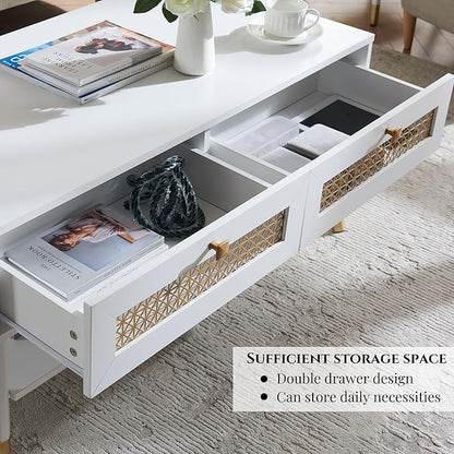 White Coffee Table with Storage Drawers & Open Shelf, Mid Century & Boho Living Room Table with Gold Metal Designed for Home