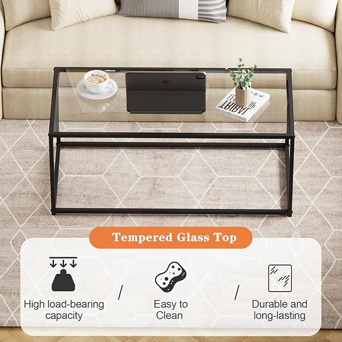 Glass Coffee Table, Modern Center Tables for Living Room, Black Rectangle Center Tea with Metal Frame, Clear Glass Top Coffee Table for Home, Office, Easy Assembly, 39.4 x 18.9 x 17.7, Black