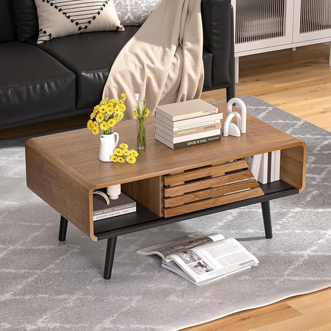 Wood Rectangle Coffee Table with Storage, Mid Century Modern Coffee Table, Living Room Center Table for Home, Apartment, Office, Walnut/Black