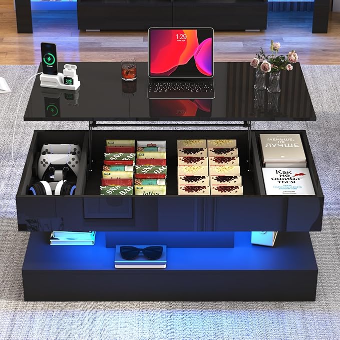 39.4" Large Lift Top Coffee Table,Modern High Glossy LED Coffee Tables for Living Room with Storage,Black Living Room Tables for Living Rooms,Dining Room,Bedroom Home Office,APP LED Lights（Black）