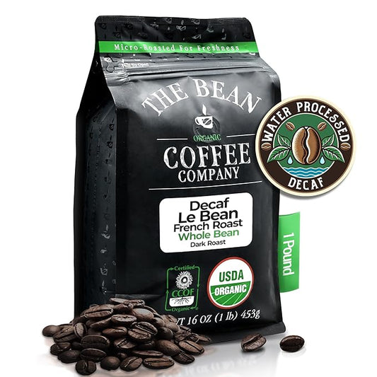 The Bean Organic Coffee Company Water Processed DECAF Le Bean, Dark French Roast, Whole Bean Coffee, 16-Ounce Bag