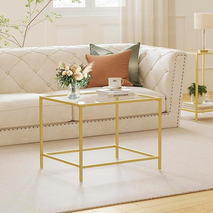 Glass Coffee Table, Modern Rectangular Coffee Table for Living Room, Minimalist Center Tea Table with Sturdy Metal Frame for Apartment, Office, Easy Assembly, 23.6 x 19.7 x 17.7 Inches, Golden