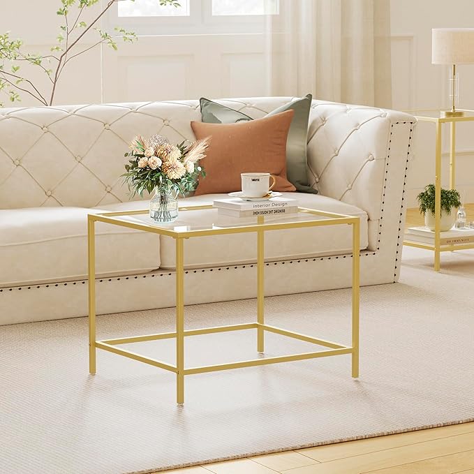 Glass Coffee Table, Modern Rectangular Coffee Table for Living Room, Minimalist Center Tea Table with Sturdy Metal Frame for Apartment, Office, Easy Assembly, 23.6 x 19.7 x 17.7 Inches, Golden