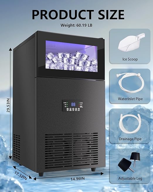 Commercial Ice Maker Machine 𝟏𝟐𝟎𝐋𝐛𝐬/𝐃𝐚𝐲, Undercounter Ice Makers 40Lbs Storage Bin and 45 Ice Trays, Outdoor Ice Maker Brushed Metal with Water Line, Ice Scoop, for Home, Bar, Party