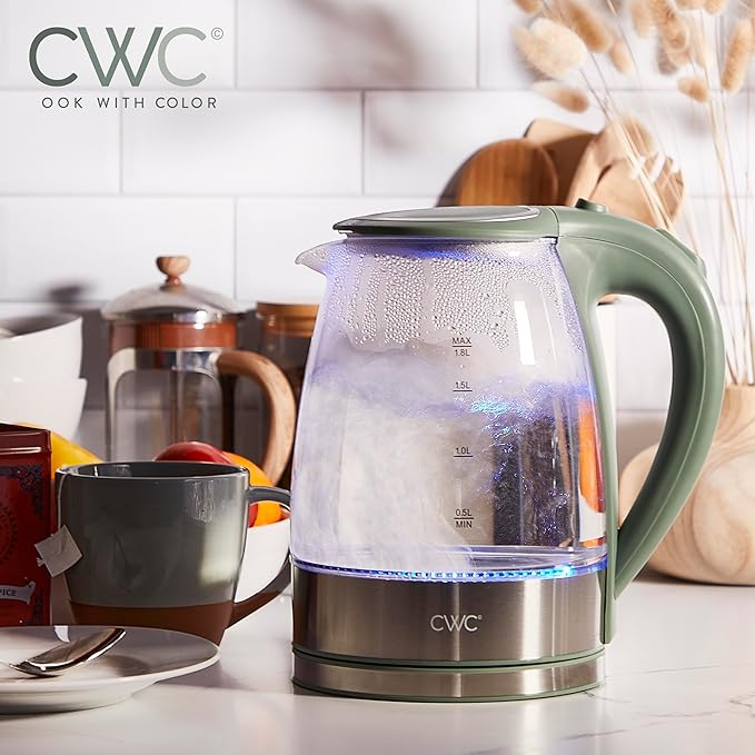 COOK WITH COLOR Electric Kettle - Rapid Boil, Sleek Design, and Safety Features - Great for Quick and Easy, Sage, 1.8 Liters