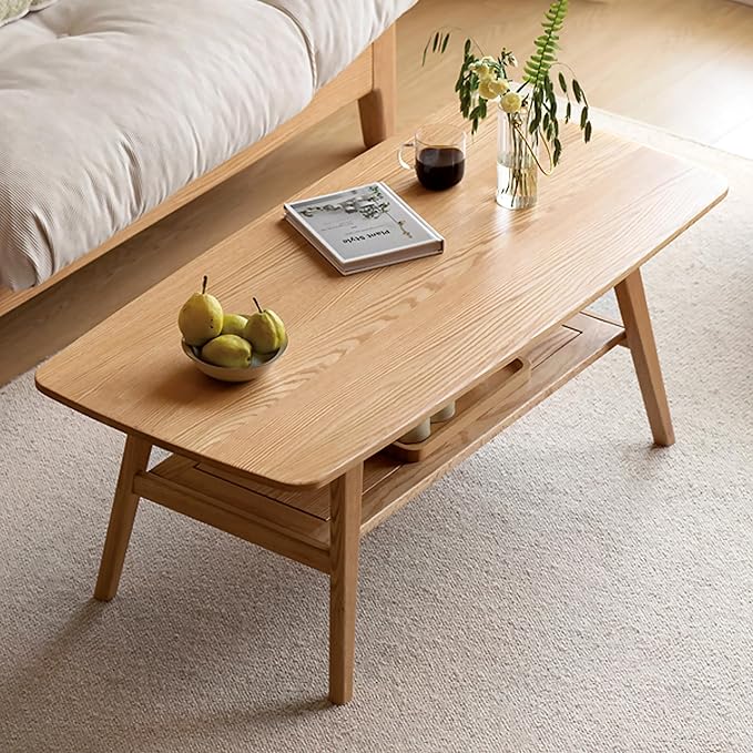 Modern Solid Wood Coffee Table, 2-Tier Small Wooden Coffee Table with Storage Shelf for Living Room, Apartment, Office, Natural (32''D x 20''W x 18''H)